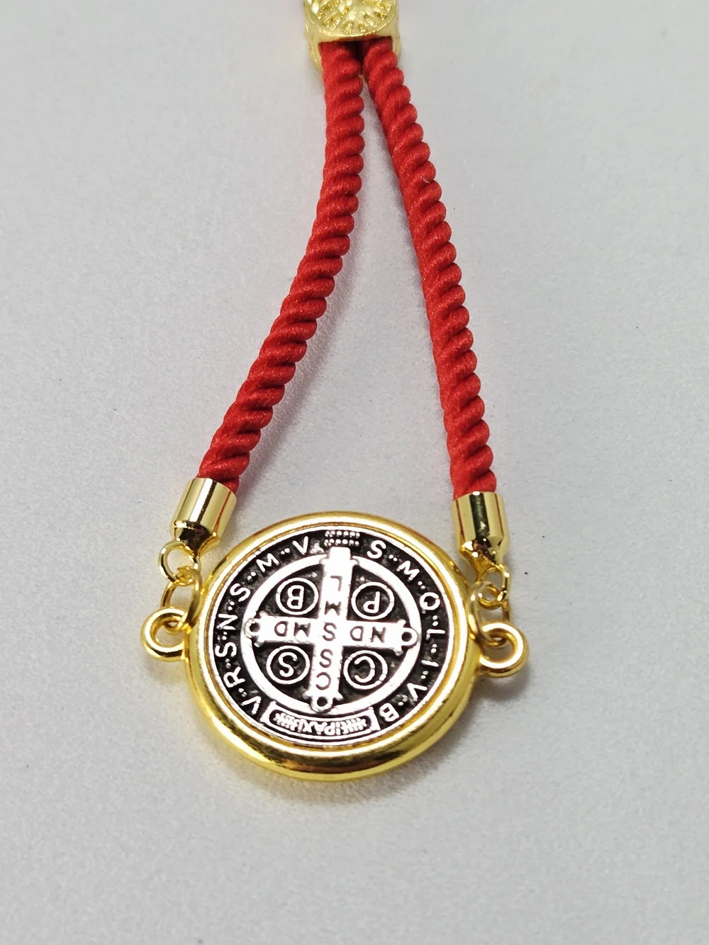 St. Benedict Red Cord Bracelet Adjustable 18K Gold Plated Medal Protection Faith